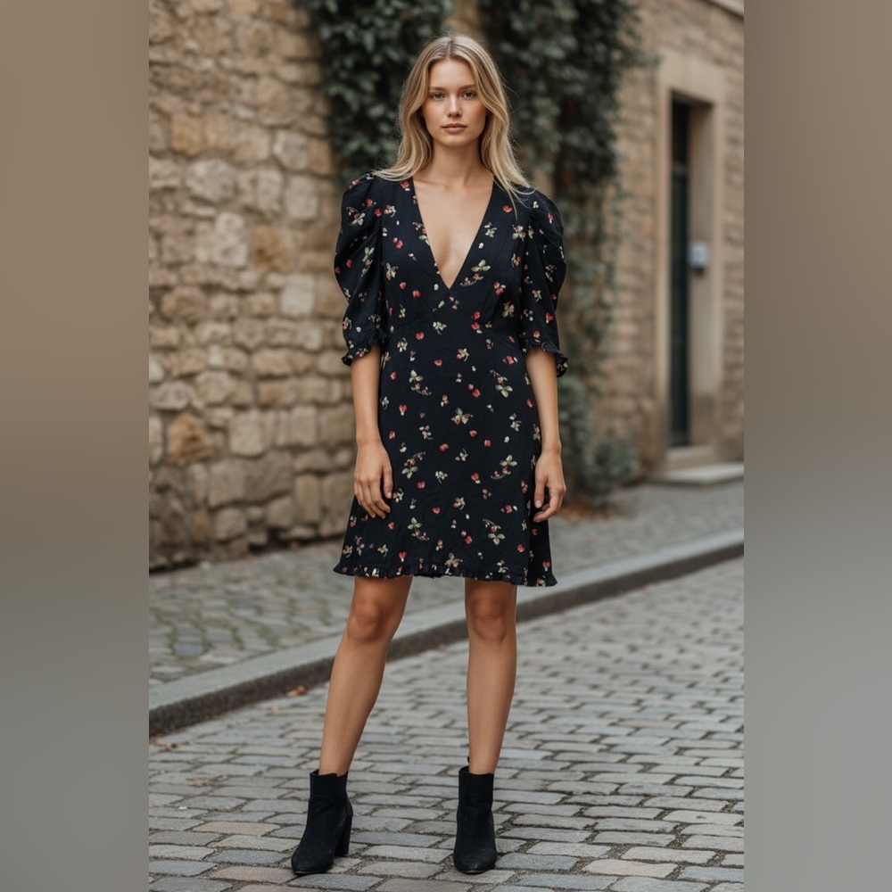 H&M Black Dress with Red Strawberry Pattern size M
